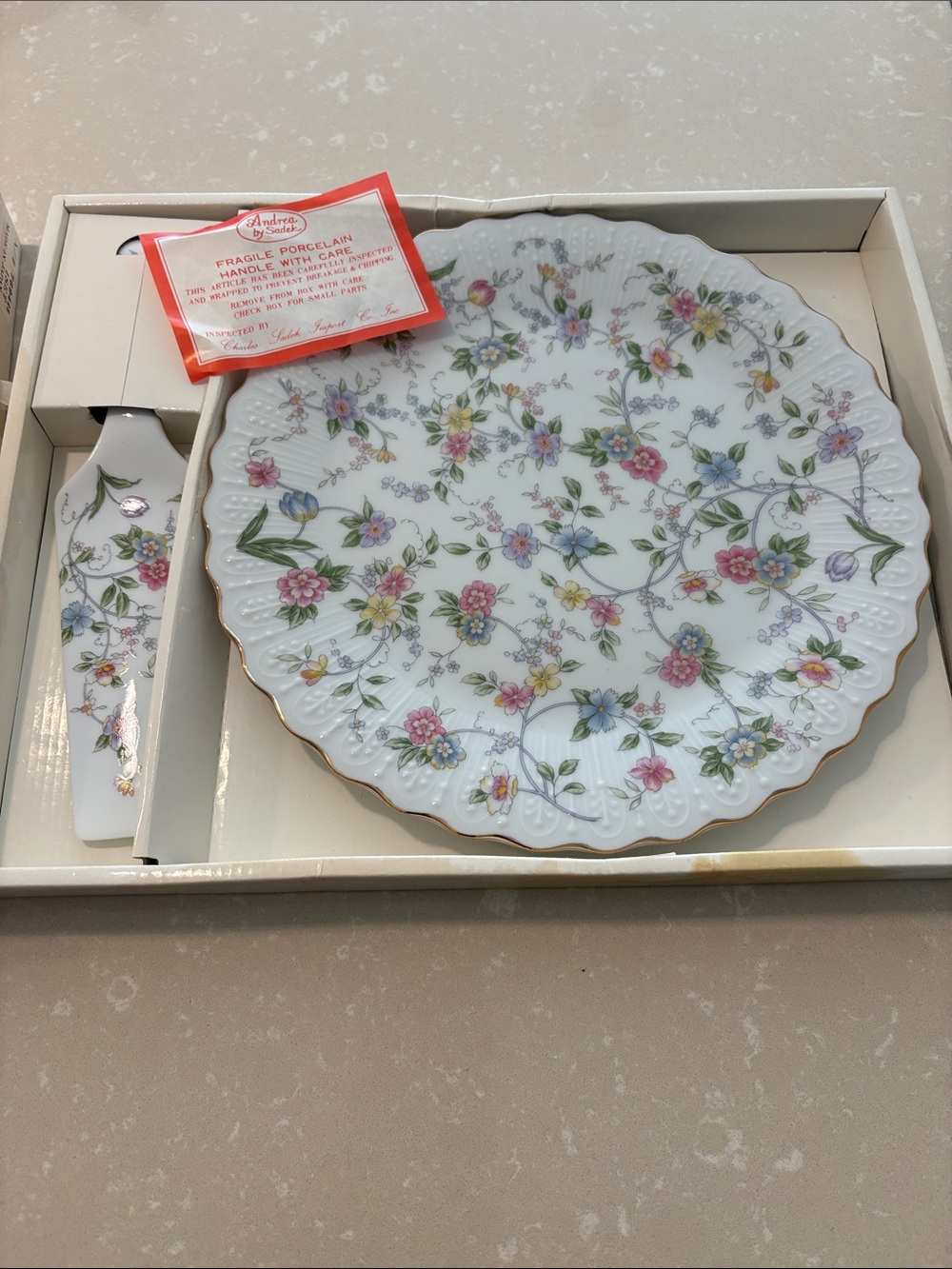 Fine Porcelain Cake Plate & Server - Floral Pattern, White with Pastel Accents